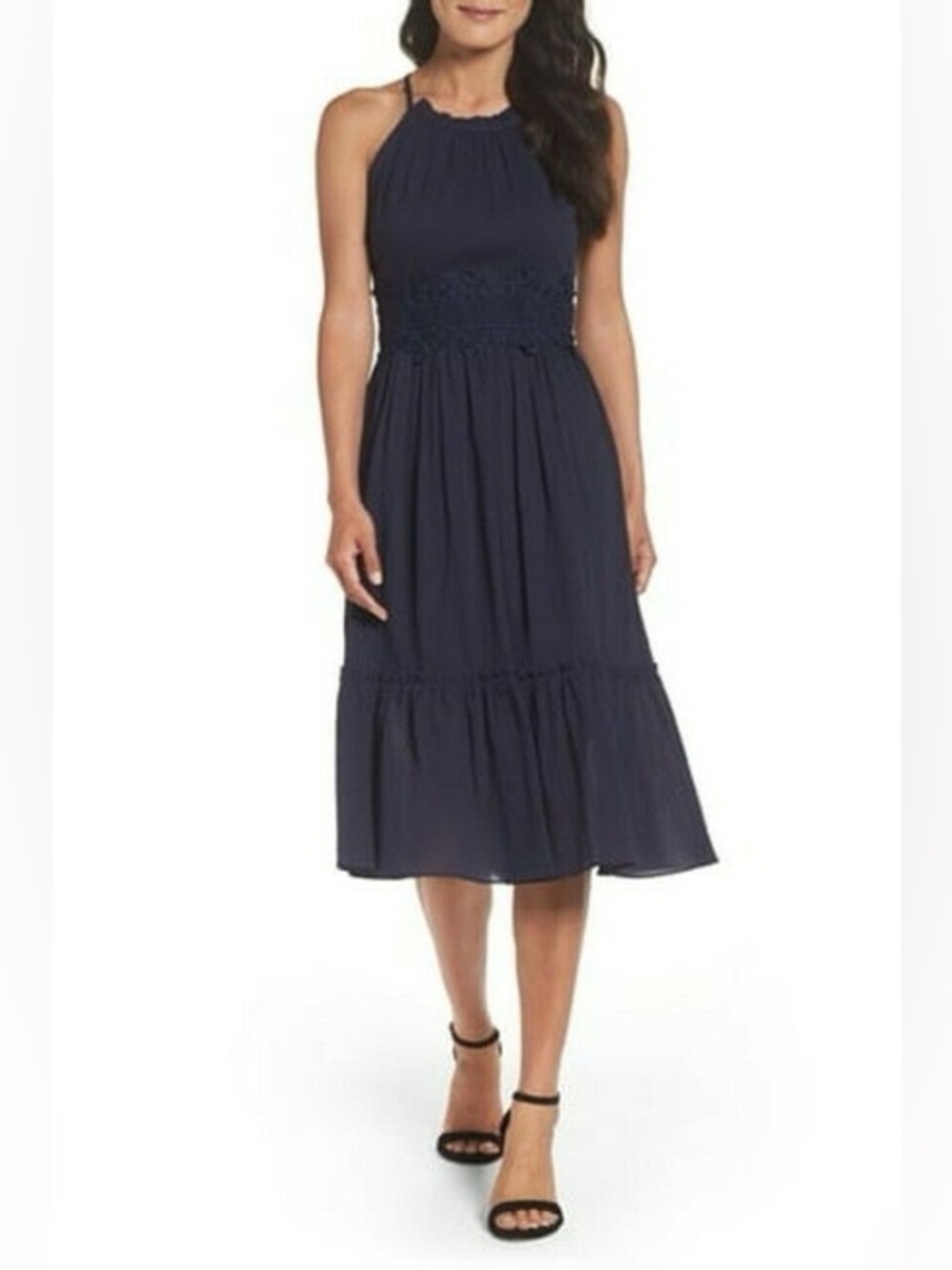 Eliza J Navy Halter Smocked-Waist Midi Dress